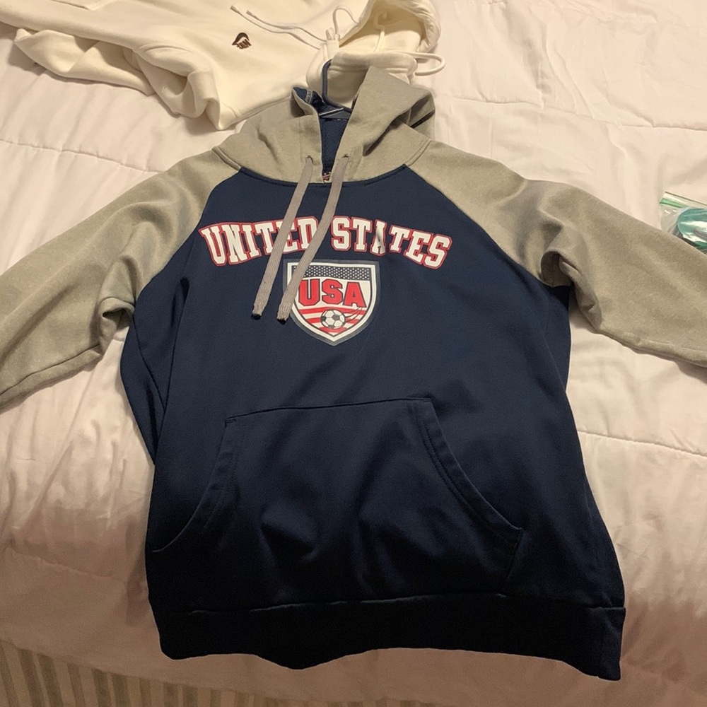 grey/ navy blue hoodie “ united states”
